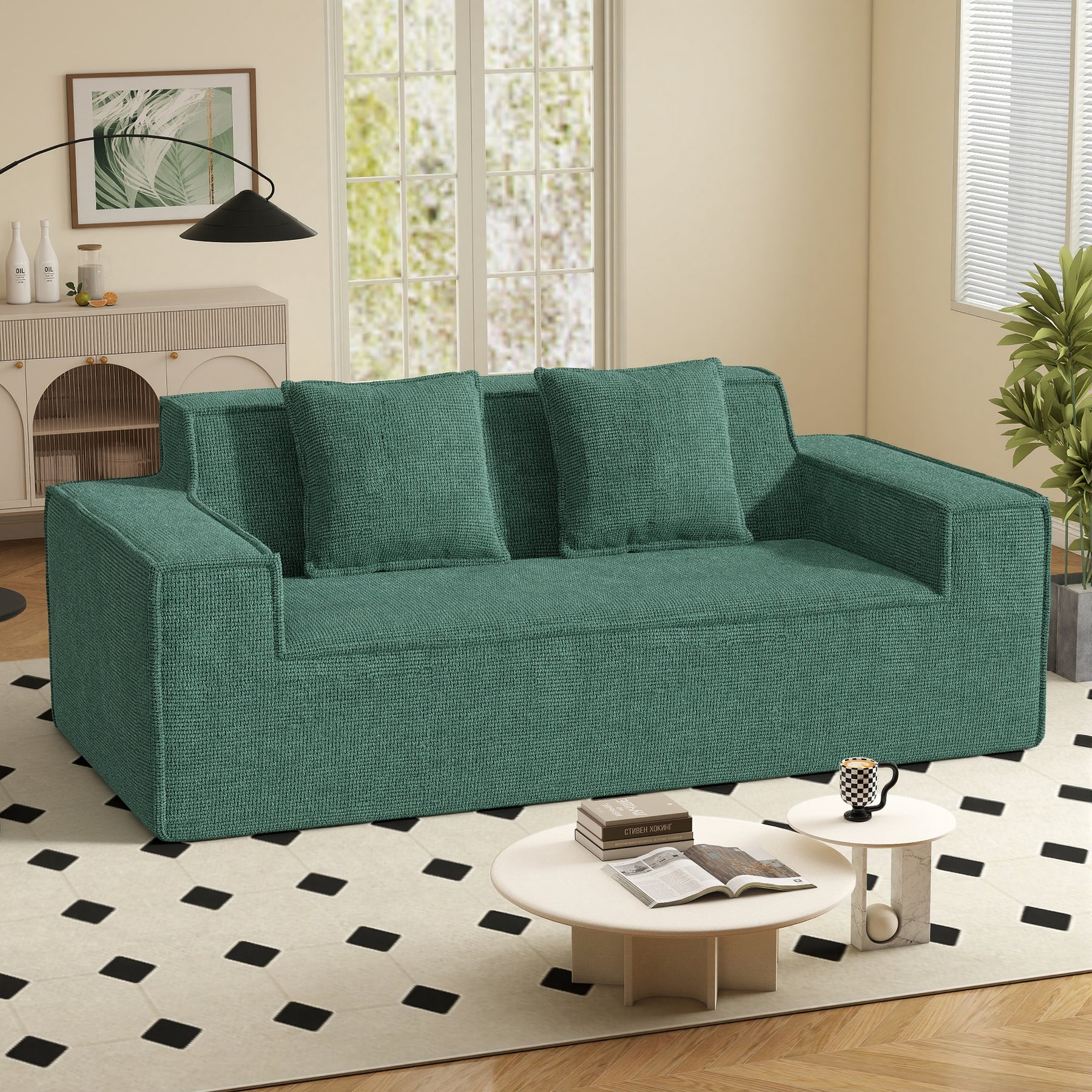 Modern Boucle Chenille Three Seat Sofa Bed Non-Assembly No Legs Cloud Sofa Removable Pillows Sponge Filling Convertible Massage