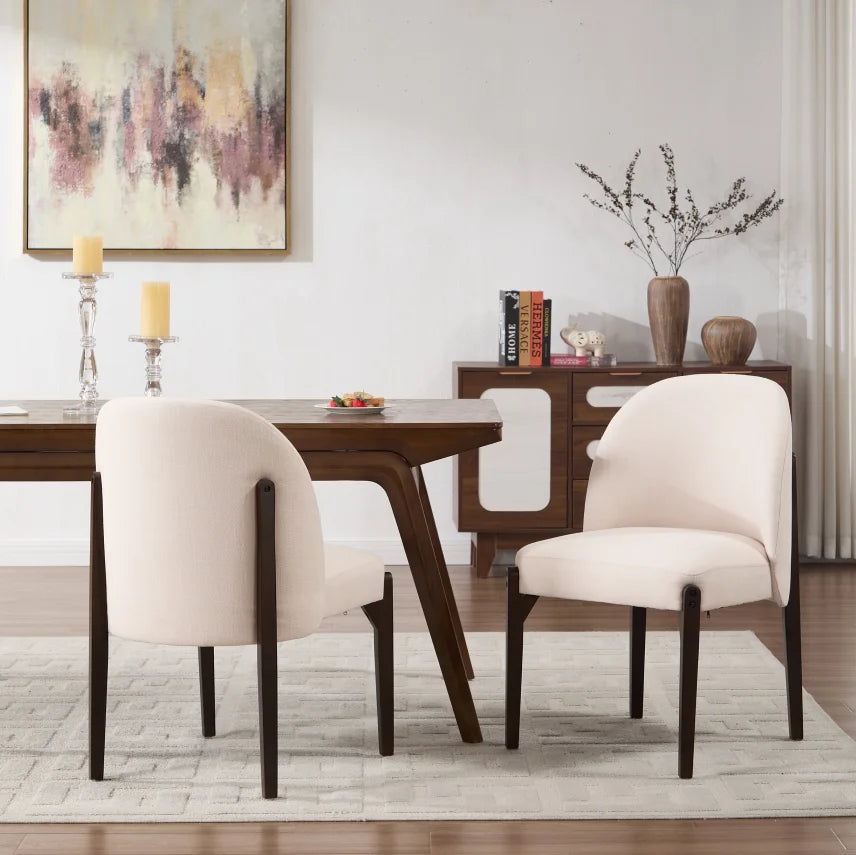 Stock Modern Upholstered Dining Chairs Set of 2 Beige Fabric with Solid Wood Legs Ergonomic Backrest for Kitchen Dining Room