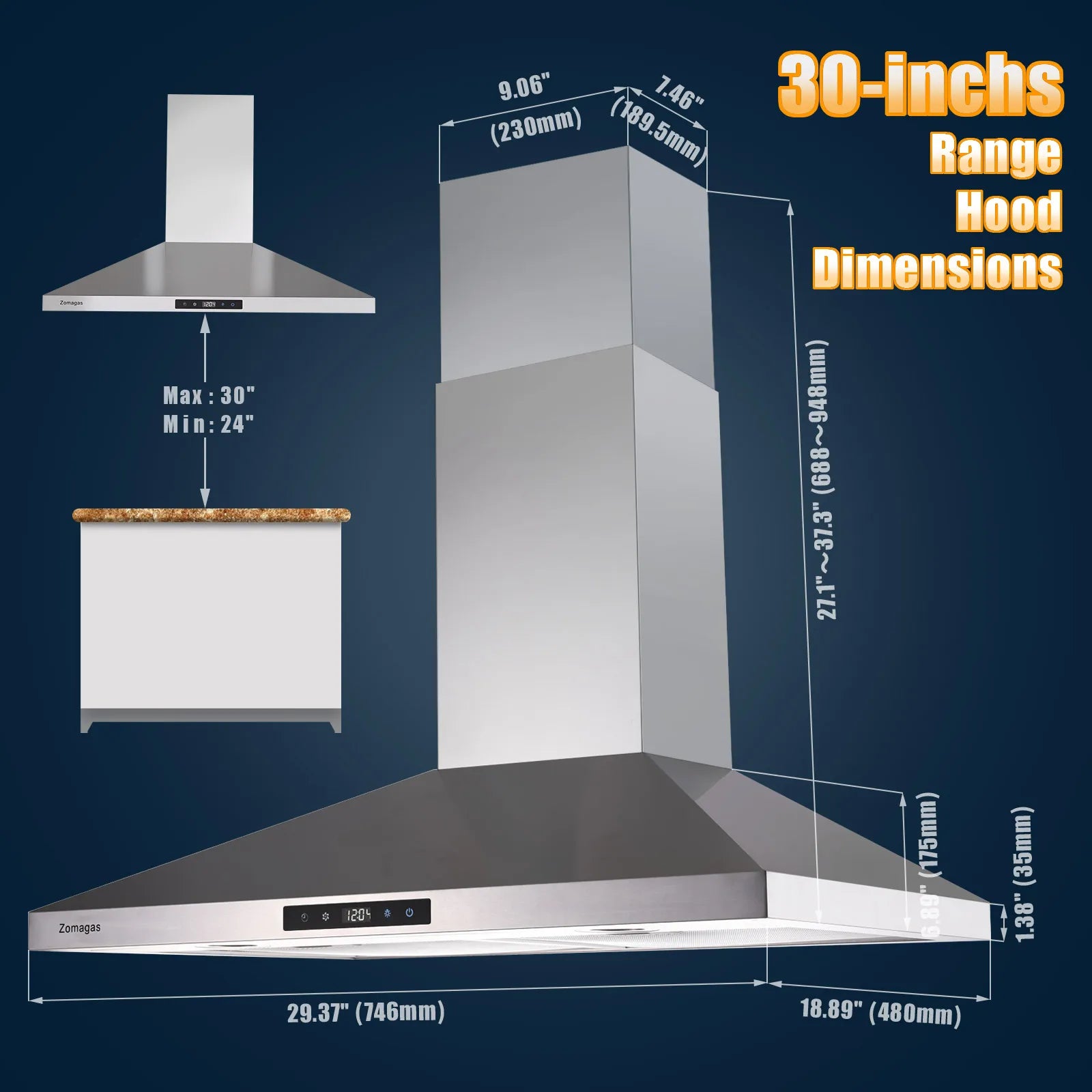 30 Inch Wall Mount Range Hood 450CFM Touch Control LED Stainless Steel Filter 3 Speed Fan 2 LED Lights Adjustable Chimney