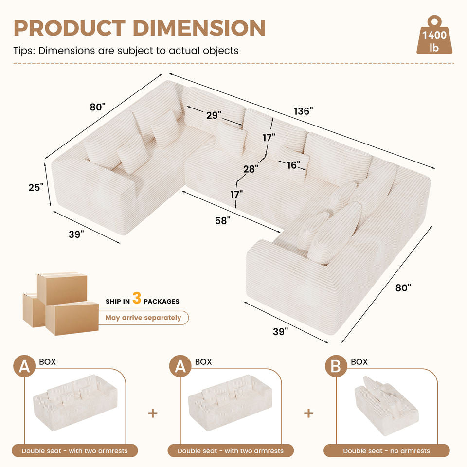 Modern Corduroy Modular Sofa Bed Set Sponge Filled Ergonomic Design No Assembly Pillows Apartment Mall Living Hotel School