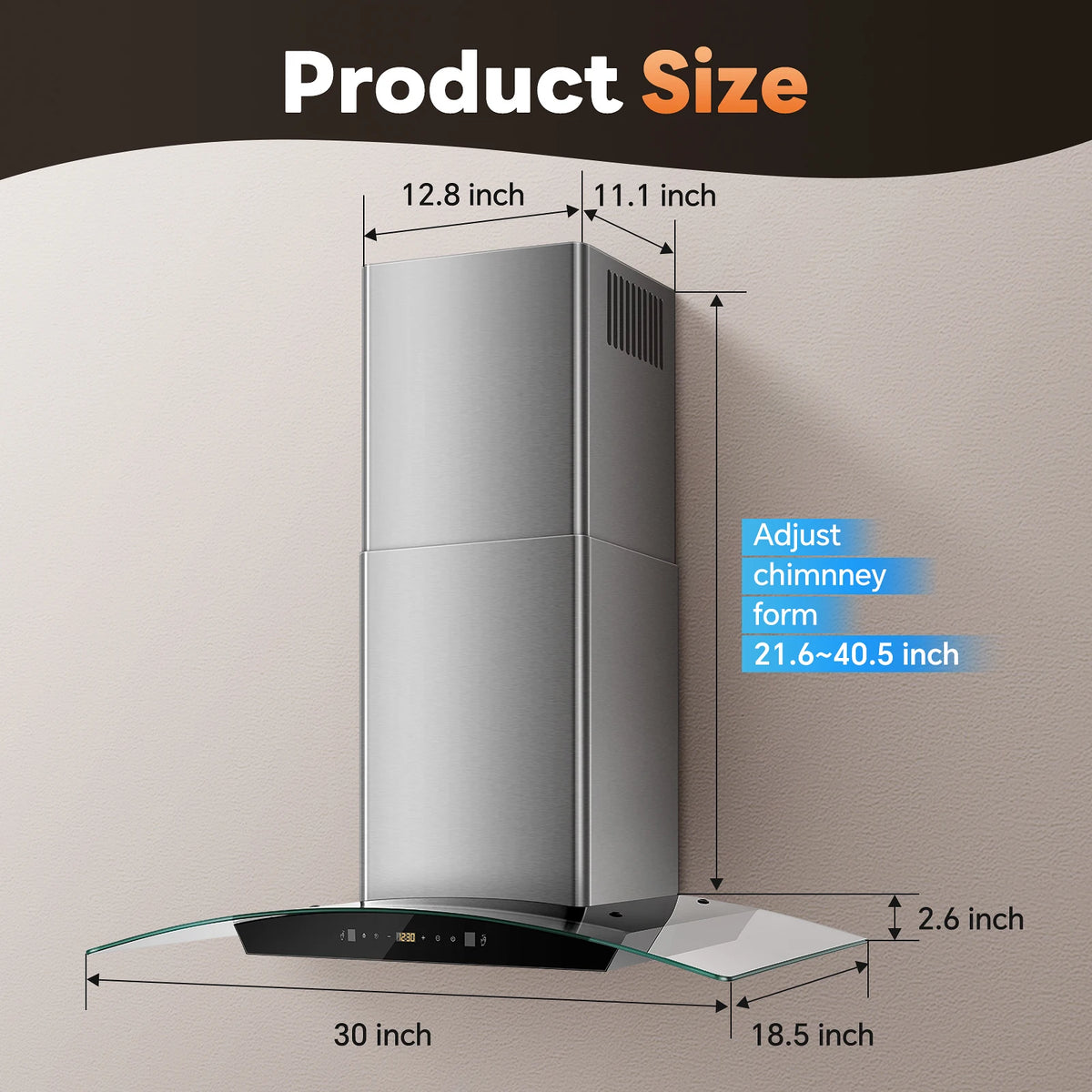 Range Hood 30 Inch Stainless Steel Chimney and Baffle Filters, Touch Control Fan Timer, LED Lights, 3 Speed Fan