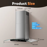 Range Hood 30 Inch Stainless Steel Chimney and Baffle Filters, Touch Control Fan Timer, LED Lights, 3 Speed Fan