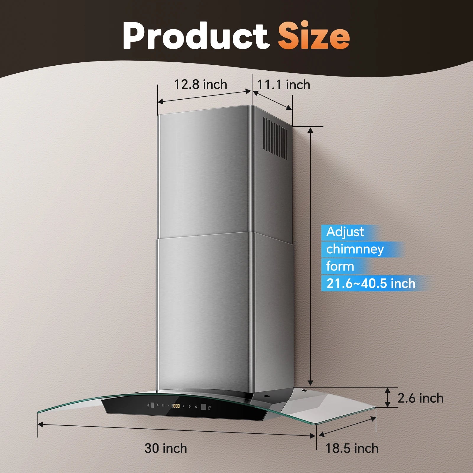 Range Hood 30 Inch Stainless Steel Chimney and Baffle Filters, Touch Control Fan Timer, LED Lights, 3 Speed Fa - view 5