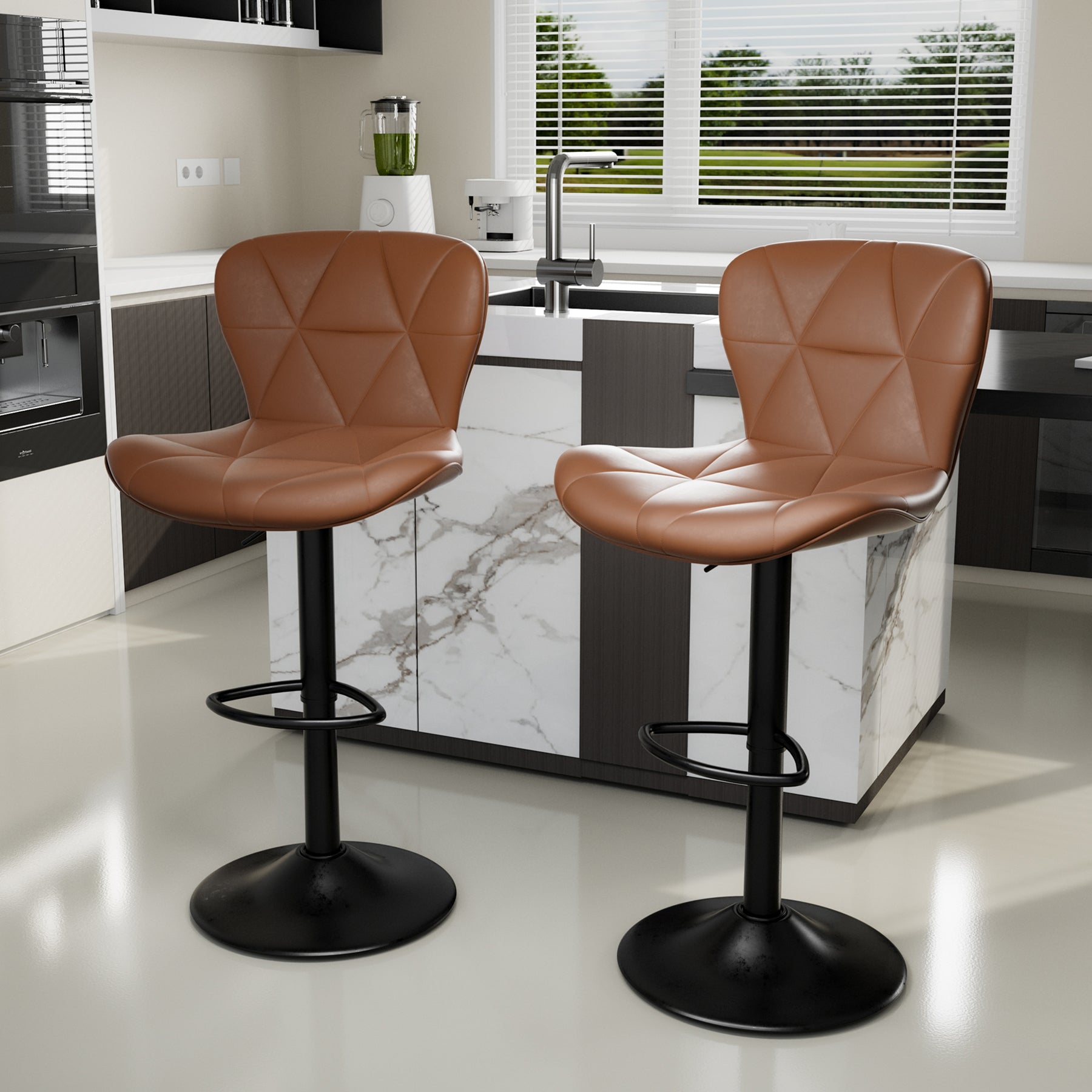 Height Adjustable PU Leather Iron Frame Modern Steady Bar Stool Swivel Diamond Stitching Design Kitchen Counter Chair Home Bar (Set of 2)