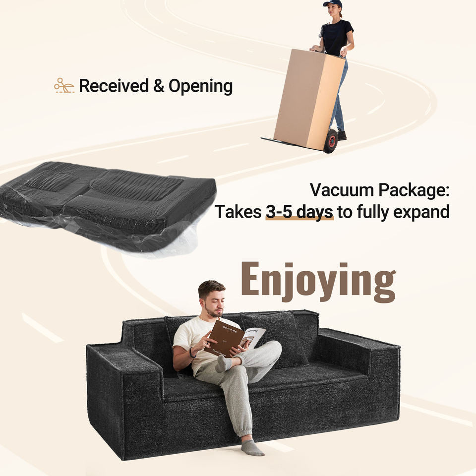 Modern Square Chenille Sofa Bed Set with Deep Seat Boneless Design Includes 2 Pillows-Living Room Bedroom Apartment