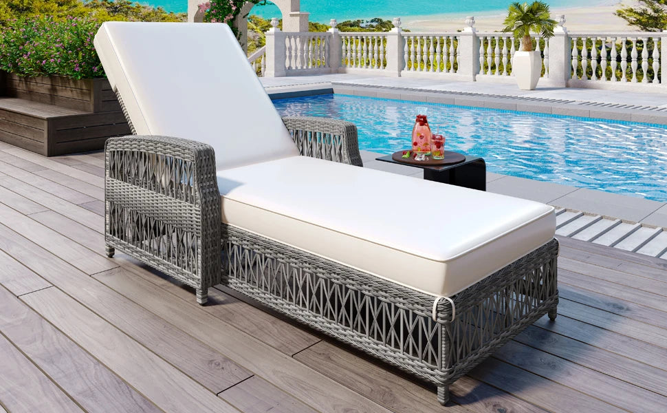 Wicker Reclining Outdoor Patio Chaise Lounger with Armrests
