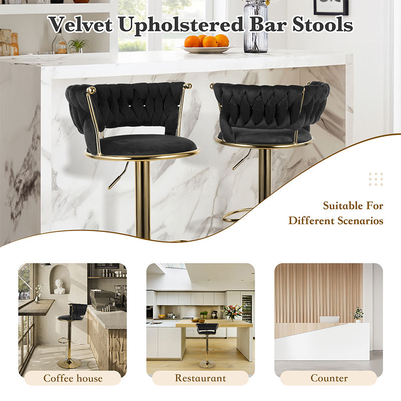 Iron Adjustable PU Leather Bar Stools Modern Swivel Steady Commercial Use Home Bar Dining Outdoor Counter Height Hotel Workshop (Set of 2)
