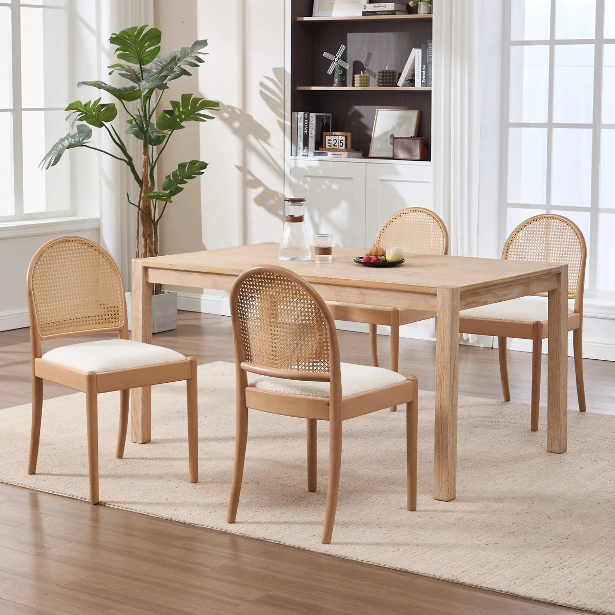 Modern Upholstered Chenille Seat Ergonomic Backrest with Wood Legs Rattan Dining Chairs Set of 2 for Kitchen Restaurant Home
