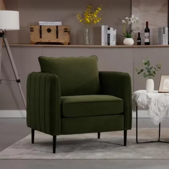Velvet Comfy Single Seat Sofa Chair Mid-Century Modern Armchair with 1 Pillow and Metal Legs for Bedroom Office Reading