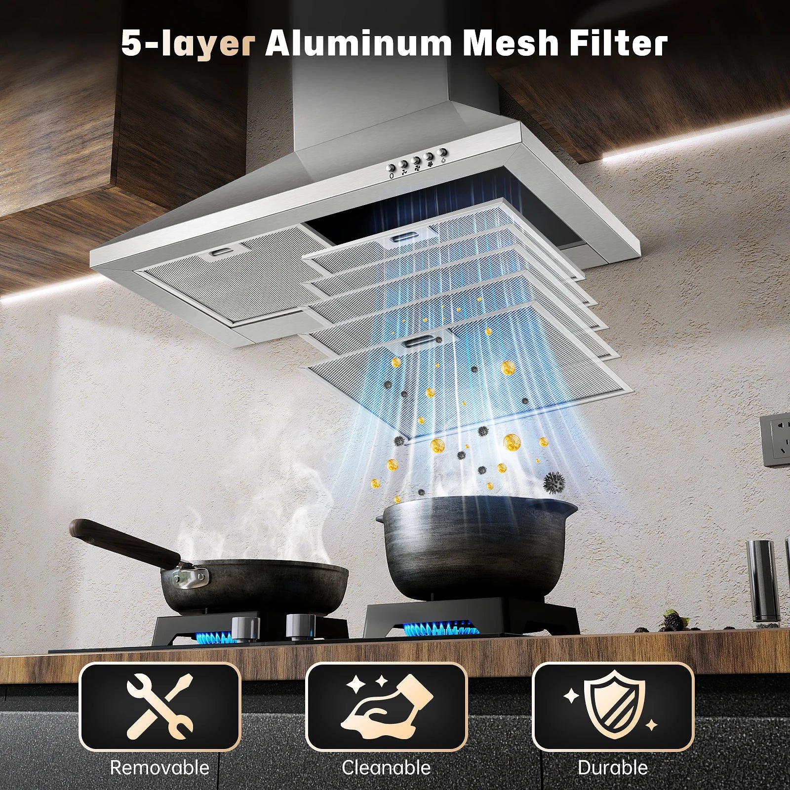 24 Inch Range Hood,Stainless Steel Oven Vent Hood,Wall Mount Kitchen Hood ,Push Button Control,3-speed Fan
