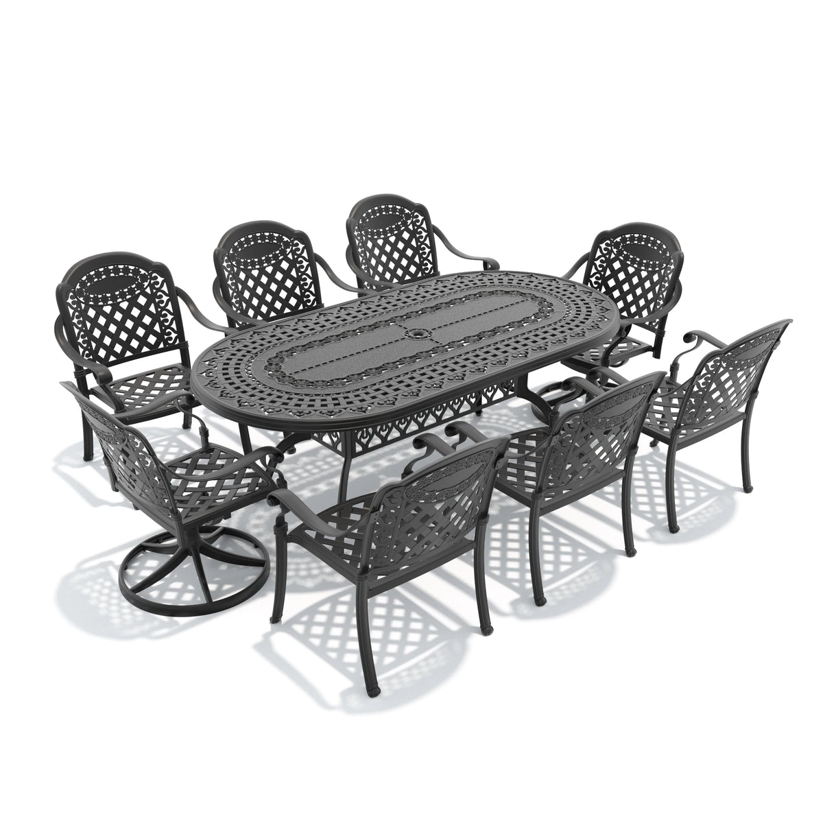 9-Piece Aluminum Outdoor Patio Dining Set, Include 2 Swivel Chairs, 6 Dining Chairs and Oval Table