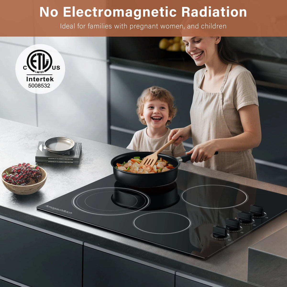 24inch Built-In 4 Burner Electric Cooktop, Dual-Ring Burners, 6700W Radiant Stove Top with Knob Control,Ceramic Hob