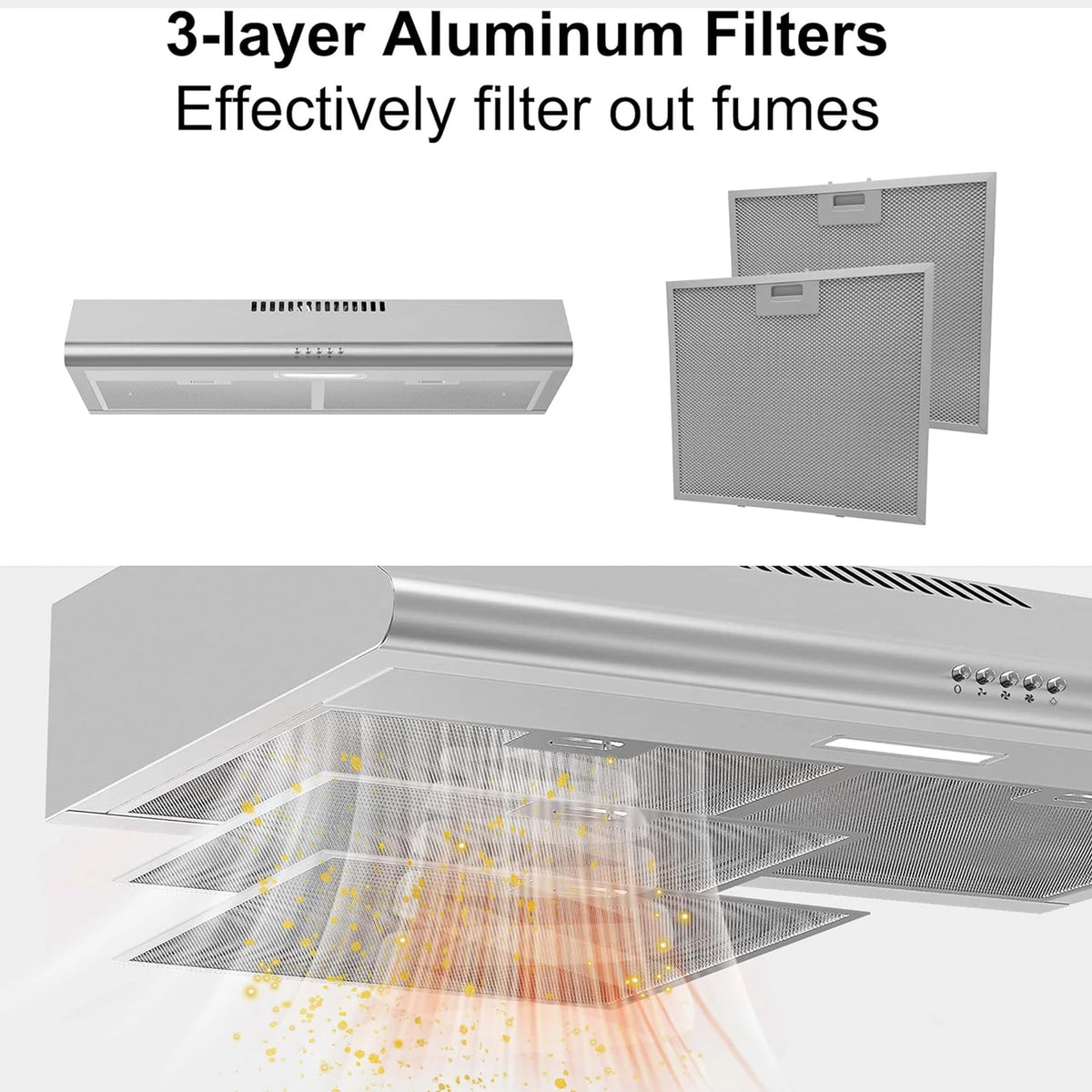 SNDOAS Under Cabinet Range Hood 30 Inch,Ductless Range Hood with Charcoal Filter,Kitchen Vent Hood with Button Control 3 Speeds