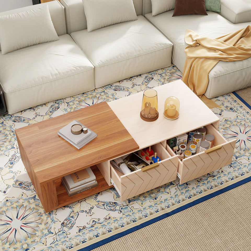 Modern Extendable Coffee Table Hidden Storage Two-Tone Wood Design Adjustable Length Eco-Friendly Handmade Living Room Furniture