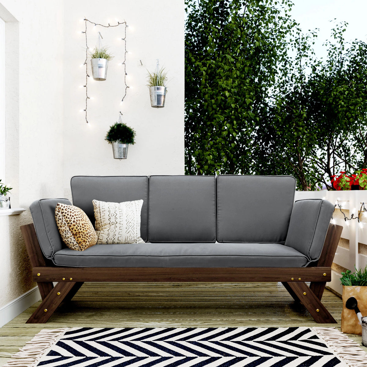 Outdoor Adjustable Brown Finish Wooden Patio Daybed Sofa Chaise Lounge With Gray Cushions