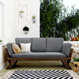 Outdoor Adjustable Brown Finish Wooden Patio Daybed Sofa Chaise Lounge With Gray Cushions