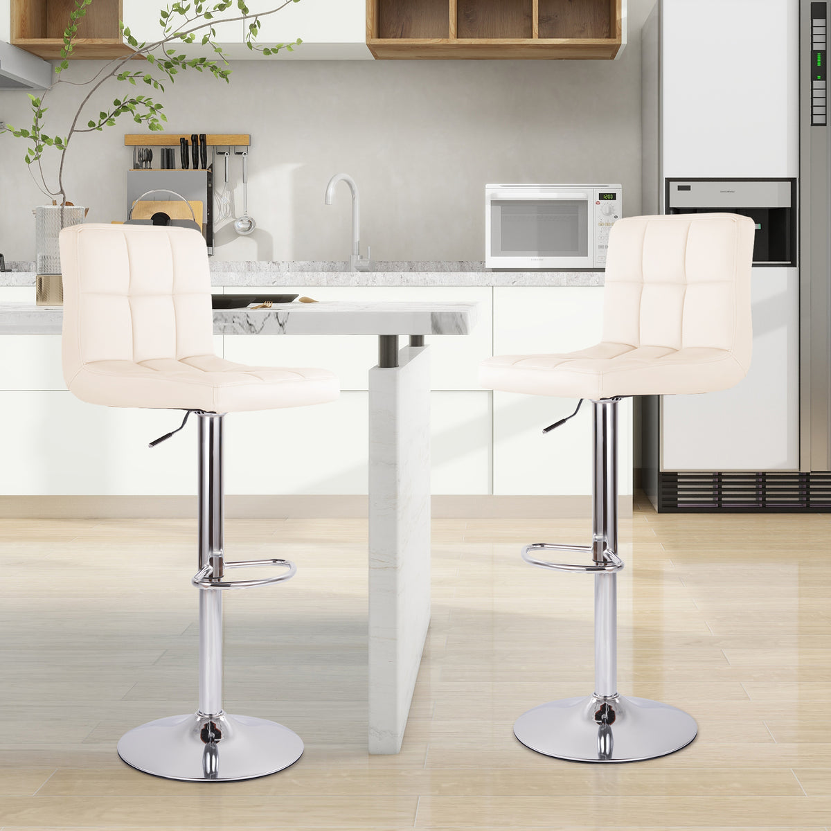 Modern PU Leather Adjustable Swivel Durable Light Weight Steady Barstools Hotel Use Iron Frame Upholstered Back Thickened (Set of 2)