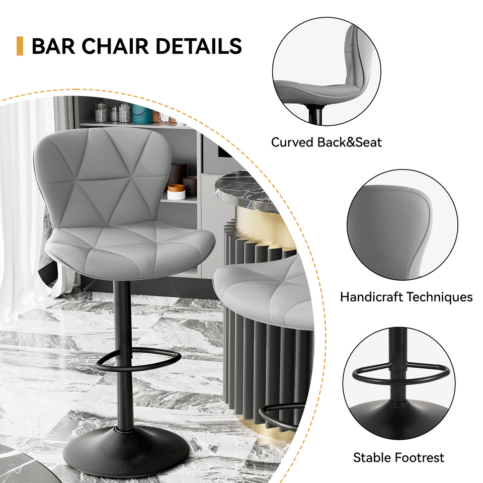 Height Adjustable PU Leather Iron Frame Modern Steady Bar Stool Swivel Diamond Stitching Design Kitchen Counter Chair Home Bar (Set of 2)