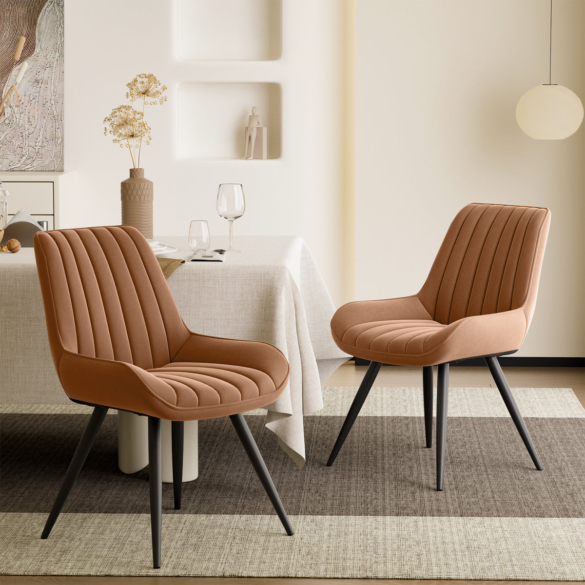 Ergonomic Modern Ribbed Dining Chair Premium Fabric Upholstered Waterproof Soft Adjustable Foot Pads Living Room Park (Set of 4)