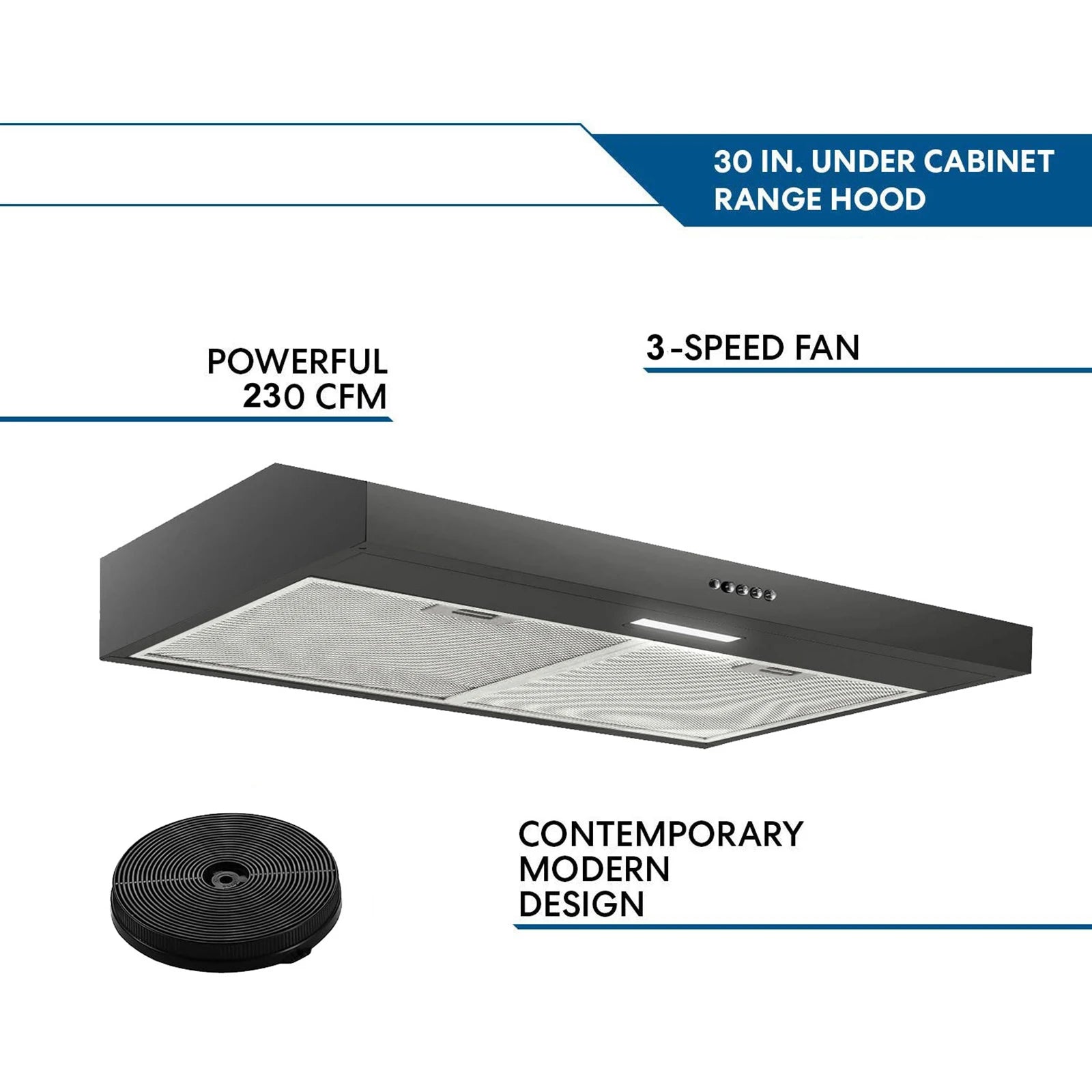 30in Under Cabinet Range Hood Cooking Vent 3-Speed Vent W/LED Black Ducted/Ductless Convertible,LED Light and Carbon Filter