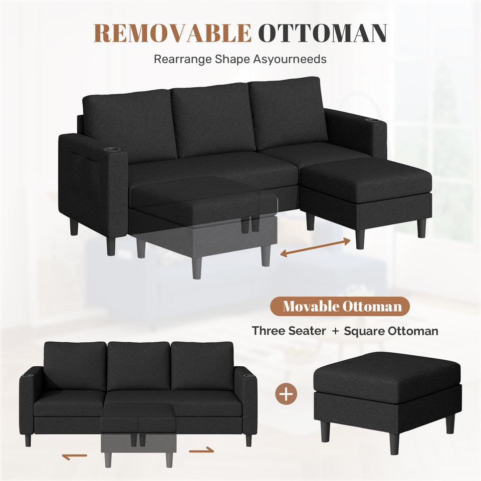 Upholstered L-Shaped 3-seat Extendable Sectional Sofa Set Massage Apartment School Use Washable Linen Covers Modern Sofa Bed