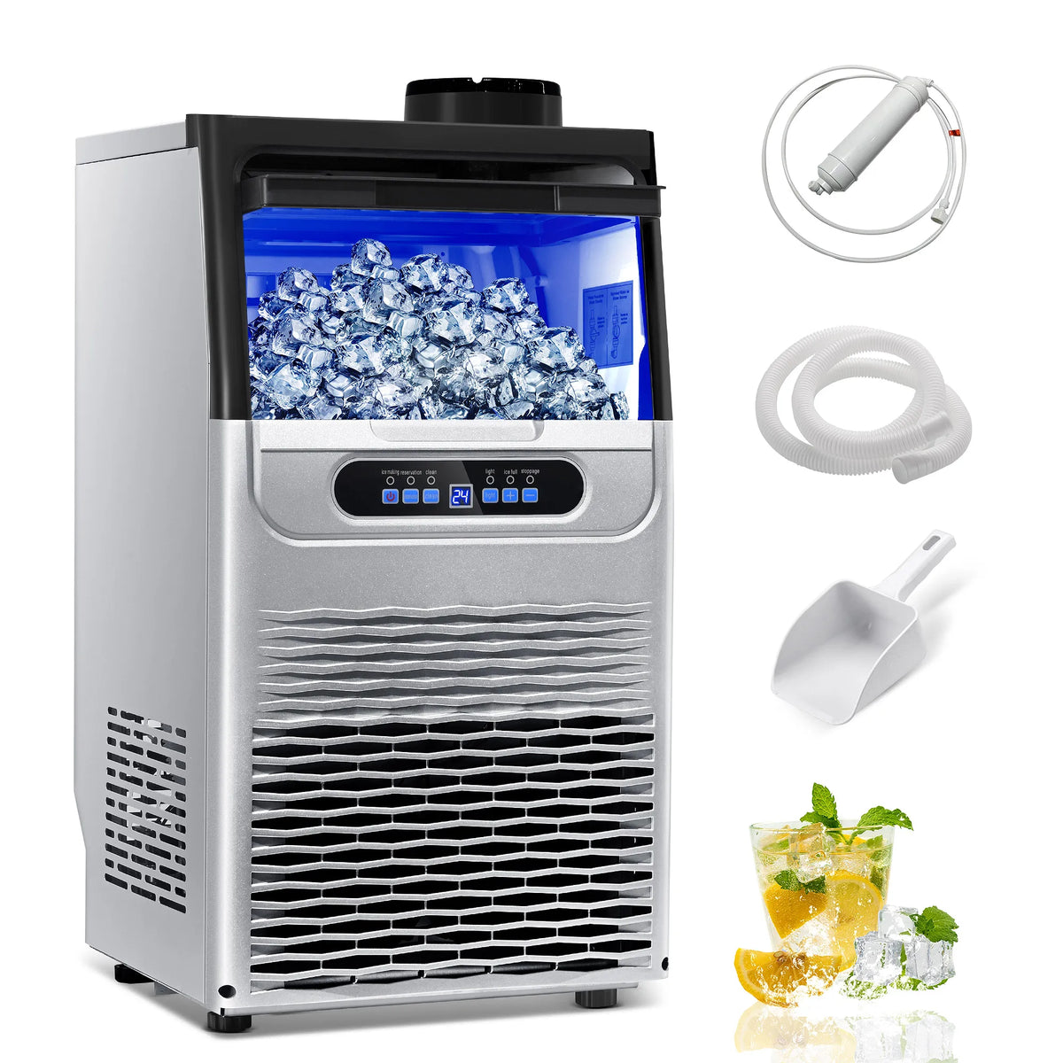 100LBS/24H Commercial Ice Maker Machine, Dual Water Inlet Under Counter or Freestanding Ice Machine,