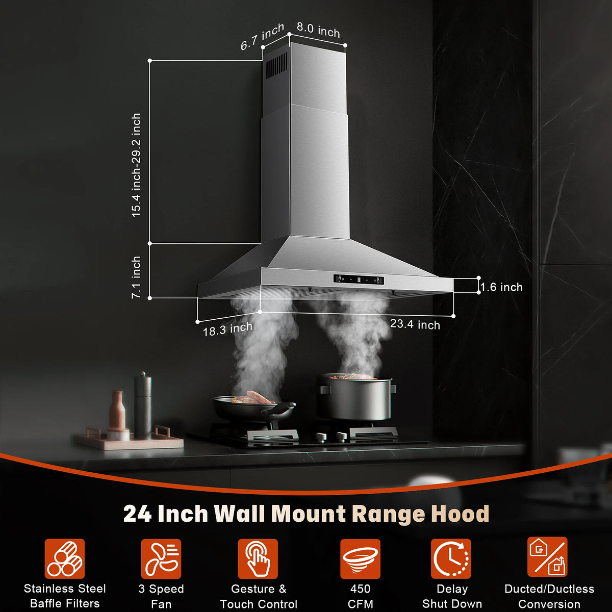 24 Inch Range Hood, Range Hood 450CFM, Wall Mount Kitchen Hood in Stainless Steel, Gesture Sensing & Touch Control 3 Speed Fan