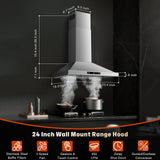 24 Inch Range Hood, Range Hood 450CFM, Wall Mount Kitchen Hood in Stainless Steel, Gesture Sensing & Touch Control 3 Speed Fan