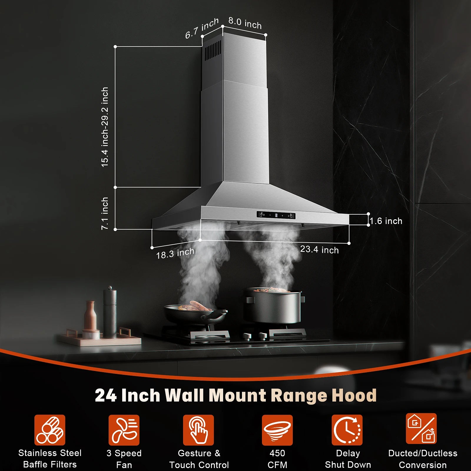 24 Inch Range Hood, Range Hood 450CFM, Wall Mount Kitchen Hood in Stainless Steel, Gesture Sensing & Touch Control 3 Speed Fan