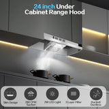 24 Inch Range Hood Under Cabinet, Stainless Steel Kitchen Hood 280CFM, Ducted/Ductless Vent Hood with Rocker Button Control