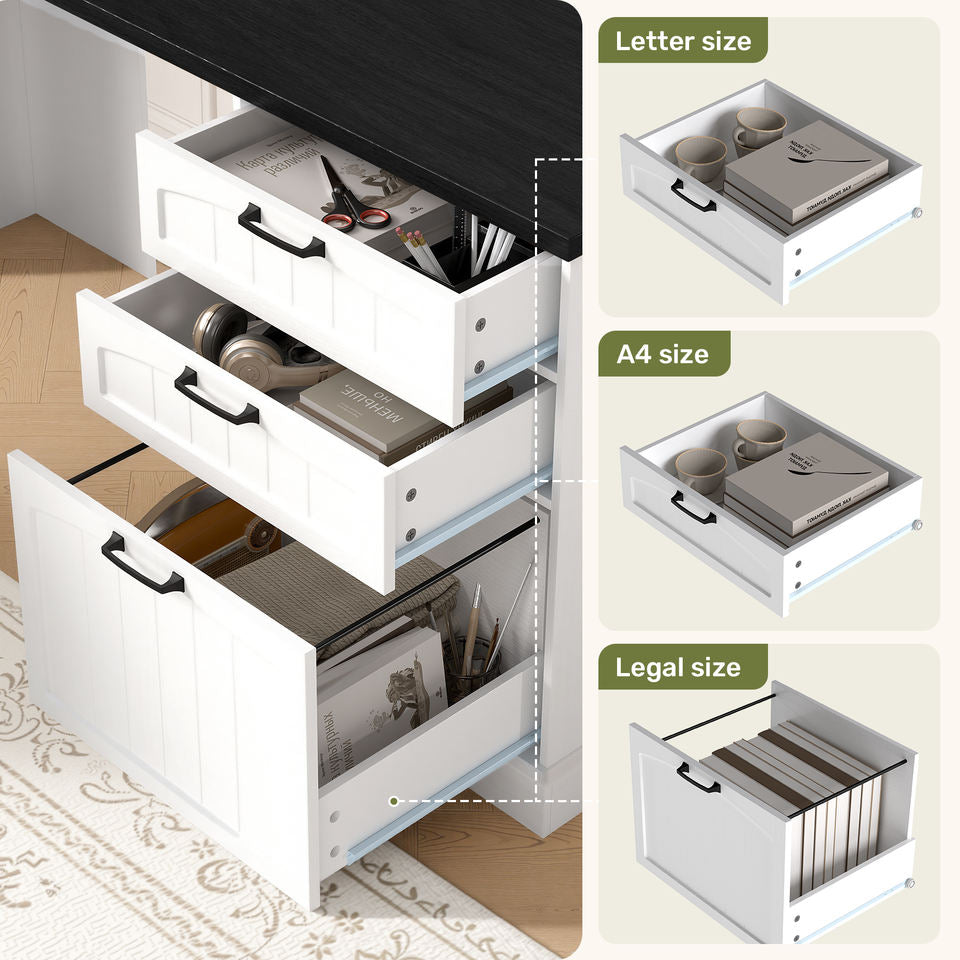 Modern L-Shaped Office Desk with USB Charging Drawers & File Cabinet Easy Assembly for Home & Office