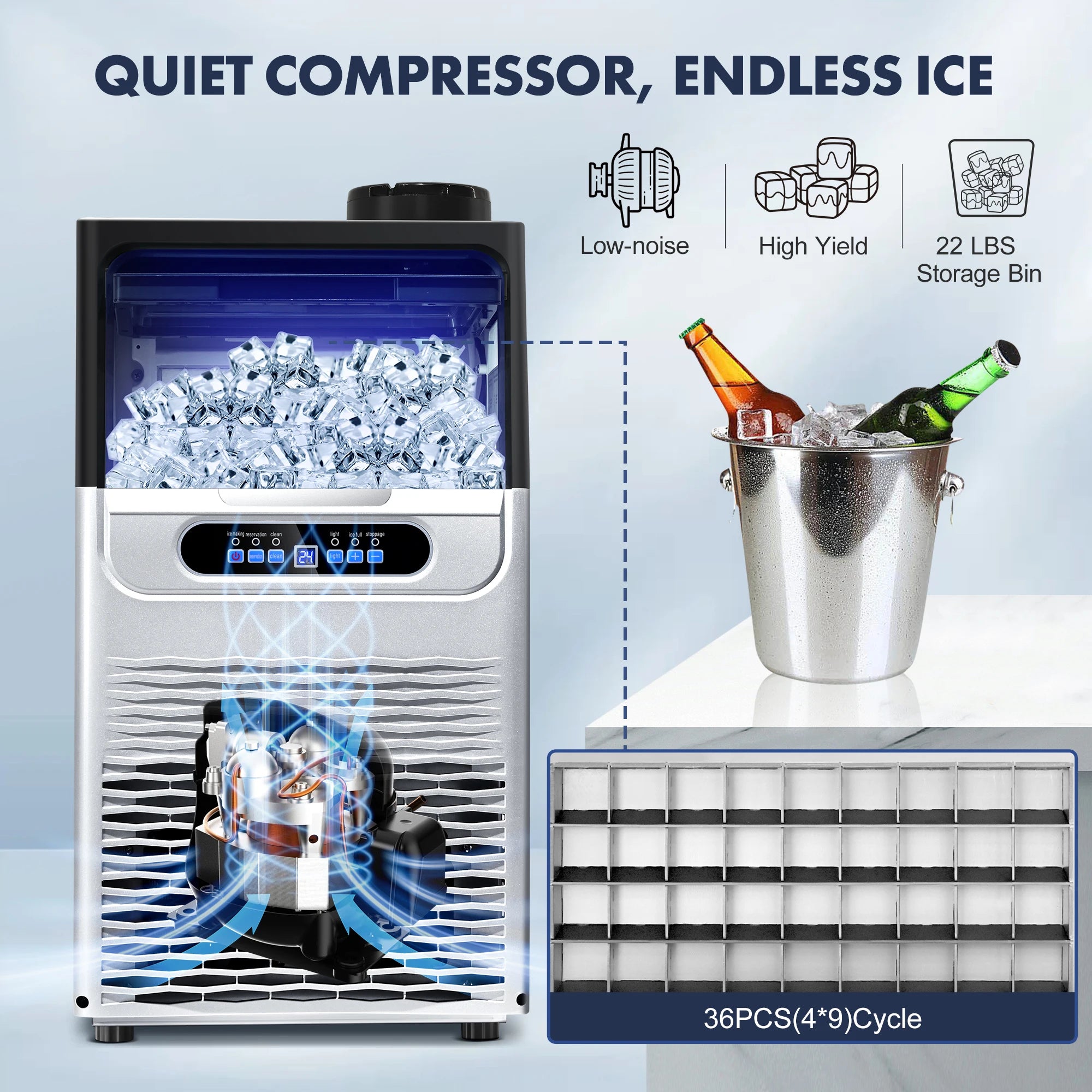 100LBS/24H Commercial Ice Maker Machine, Dual Water Inlet Under Counter or Freestanding Ice Machine,