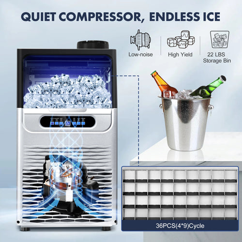 100LBS/24H Commercial Ice Maker Machine, Dual Water Inlet Under Counter or Freestanding Ice Machine,