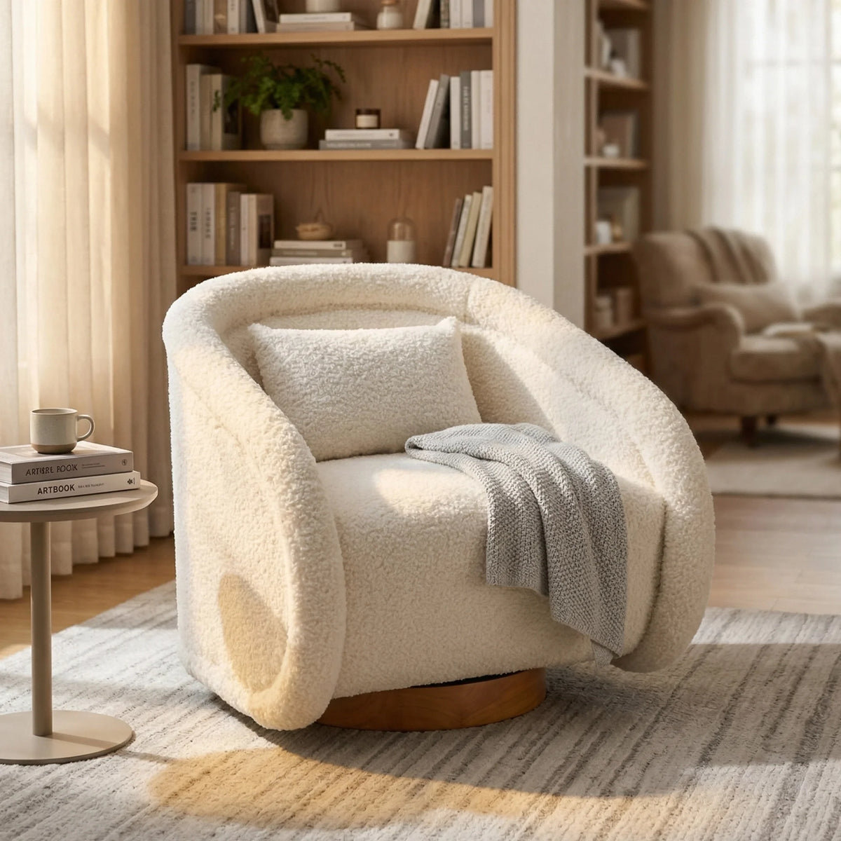 Modern Beige Teddy Fabric Round 360 Degree Swivel Barrel Accent Arm Chair with Padded Seat and Wooden Base for Cozy Living Rooms