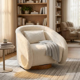 Modern Beige Teddy Fabric Round 360 Degree Swivel Barrel Accent Arm Chair with Padded Seat and Wooden Base for Cozy Living Rooms