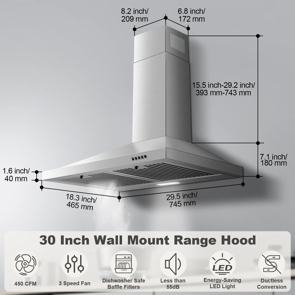 Range Hood 30 Inch, Wall Mount Range Hood Kitchen Hood in Stainless Steel, Vent Hood with Baffle Filters, 3 Speed Fan