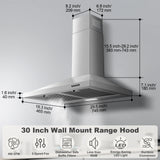 Range Hood 30 Inch, Wall Mount Range Hood Kitchen Hood in Stainless Steel, Vent Hood with Baffle Filters, 3 Speed Fan