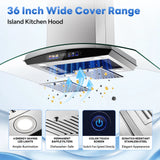 Island Range Hood 36 Inch 700 CFM, Ceiling Mount Kitchen Exhaust Hood with Gesture Sensing Tempered Glass, RHA290BT2