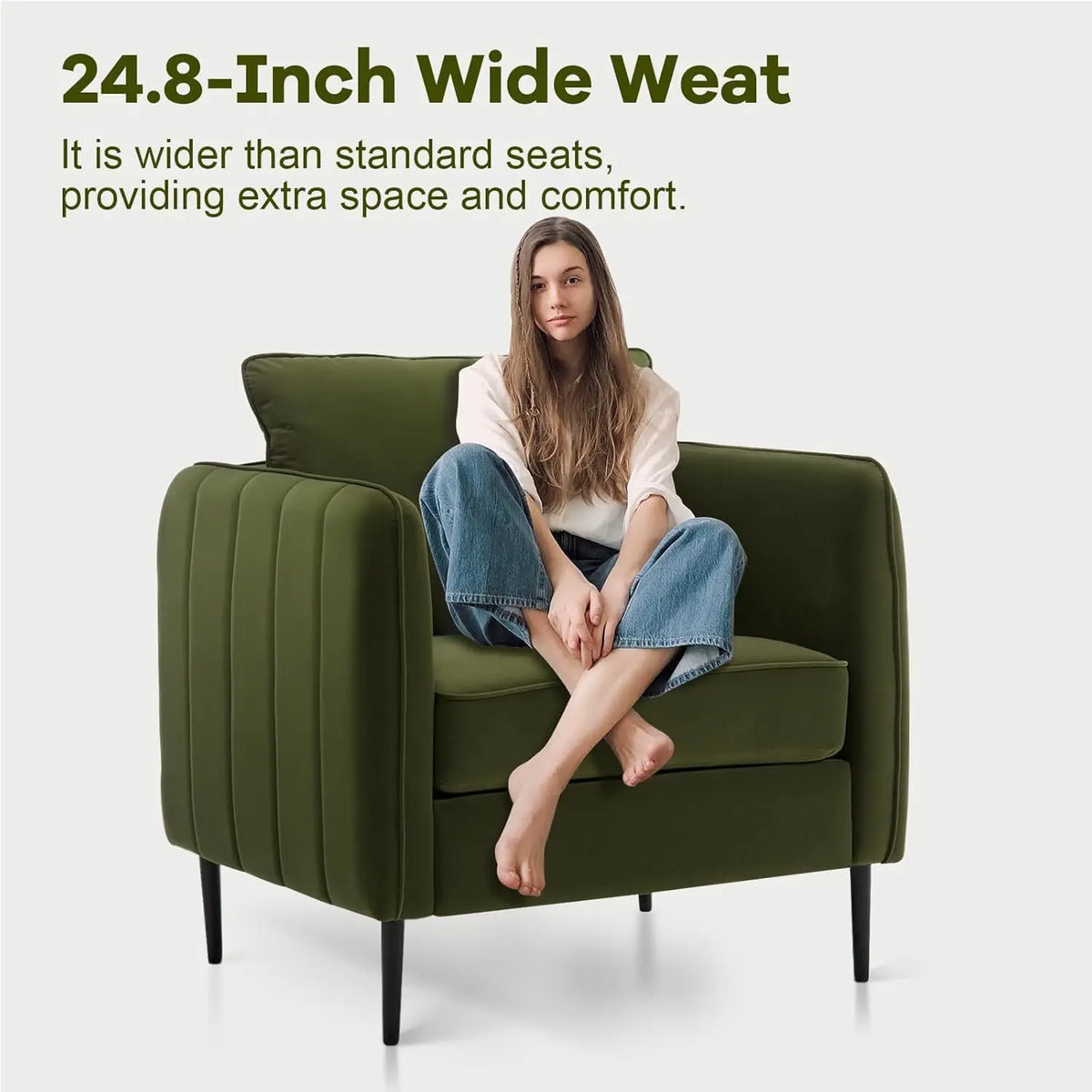 Velvet Comfy Single Seat Sofa Chair Mid-Century Modern Armchair with 1 Pillow and Metal Legs for Bedroom Office Reading