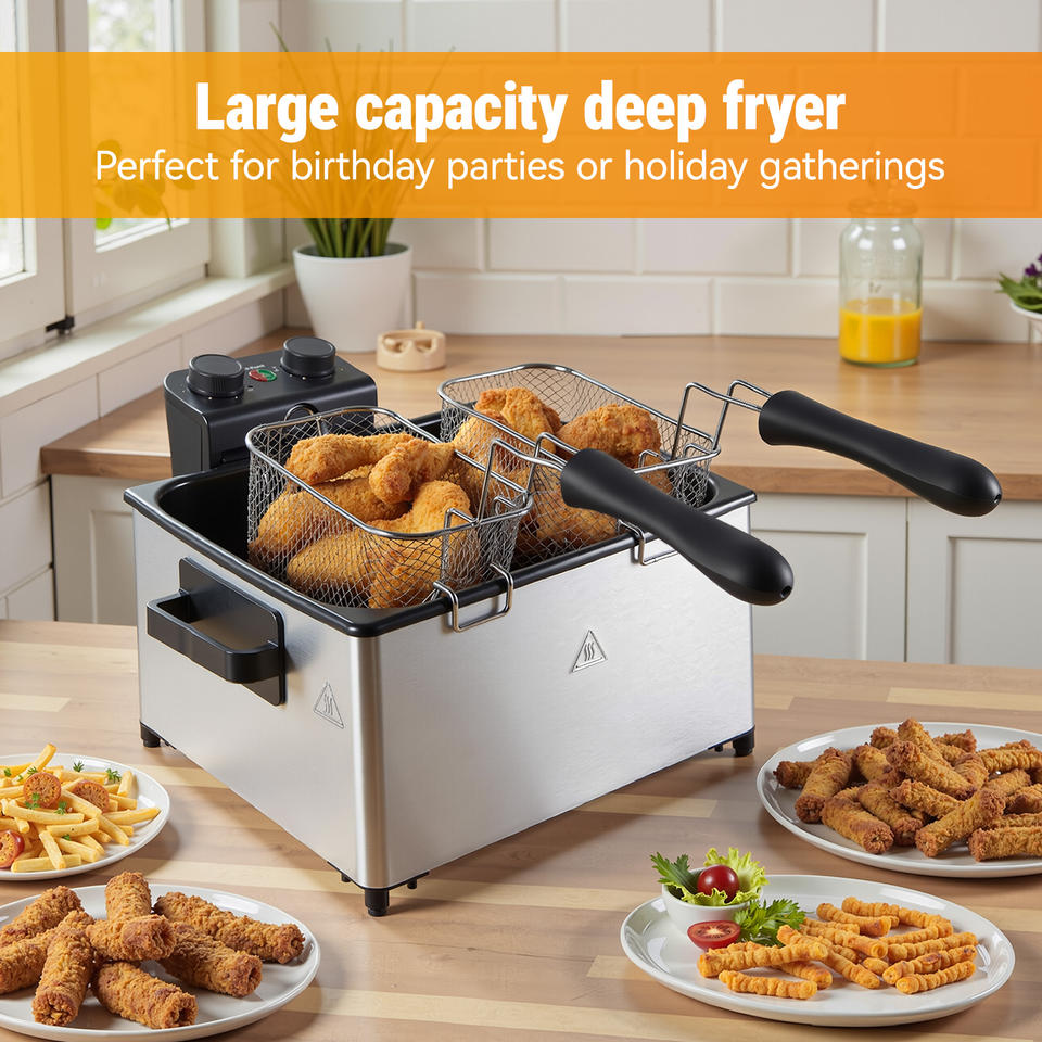 High Capacity 5L 2-Basket Electric Stainless Steel Non-Stick Commercial Household Outdoor Deep Fryer Time Control Fast Heating