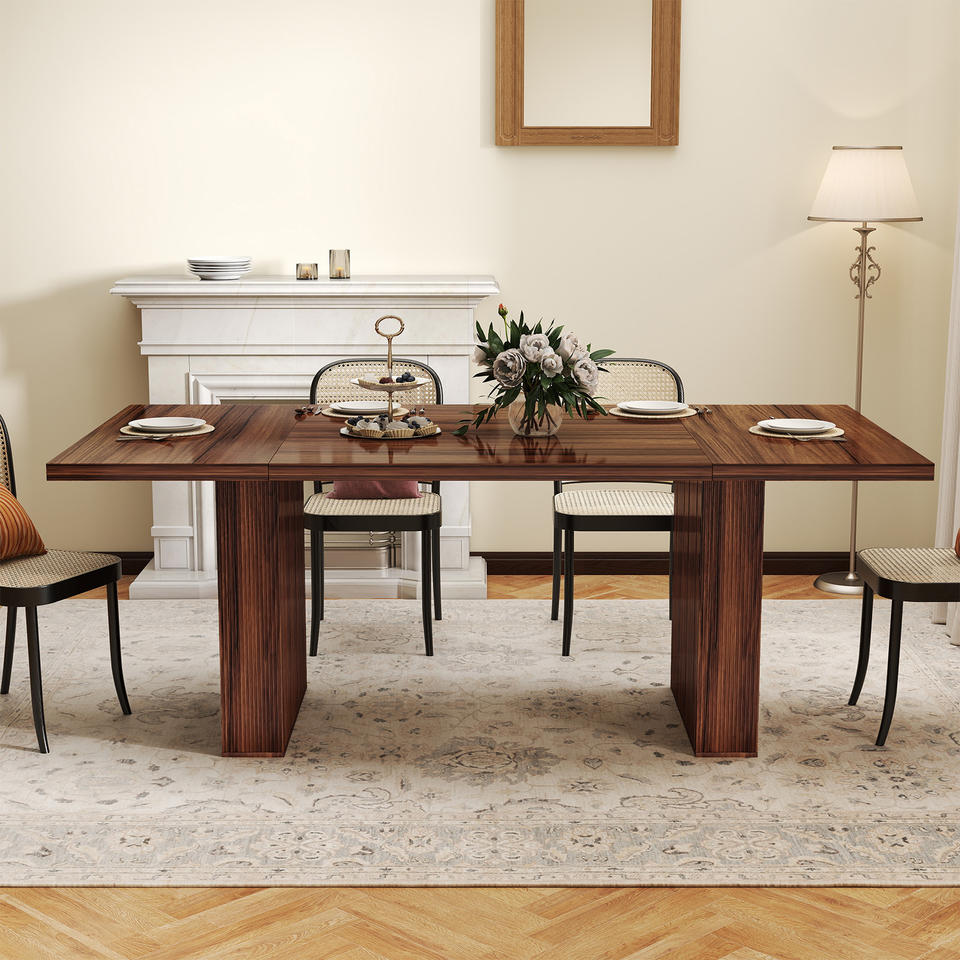 Modern farmhouse wood dining table shown from the side highlighting the grooved base detail
