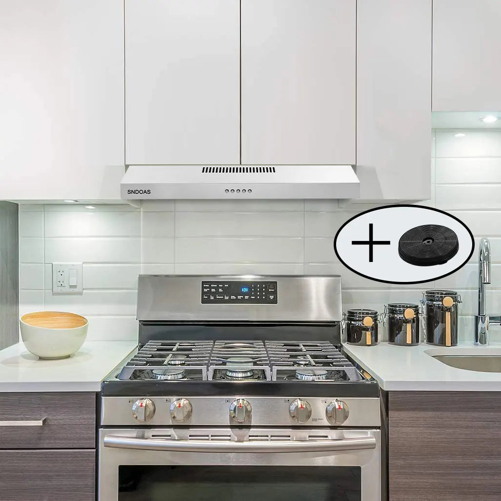 30in Under Cabinet Range Hood 230CFM Stainless Steel Kitchen Stove Vent Ducted/Ductless Convertible, LED Light and Carbon Filter
