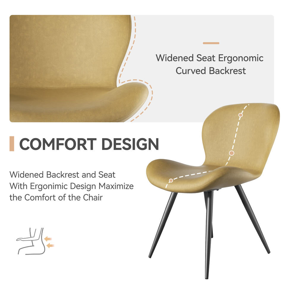 Ergonomic Curved Back Midcentury Modern Dining Chair Widened Seat PU Leather Sturdy Metal Base Comfort Restaurant Furniture (Set of 2)