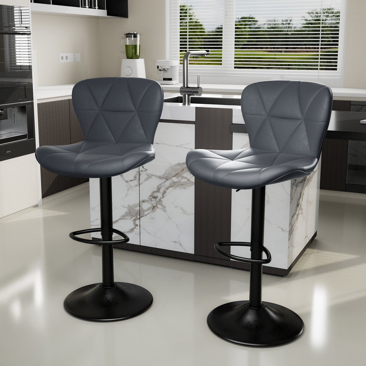 Modern PU Leather Swivel Bar Stool Diamond Stitching Height Adjustable Home Bar Dining Stable Iron Base