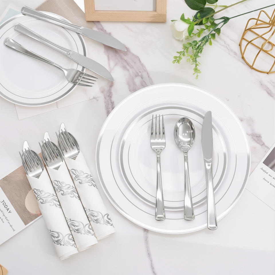 700 PCS Durable Disposable PET Eco-Friendly Party Dinnerware Set Tableware Kit Plates Cups Cutlery Napkins BPA Free Microwave