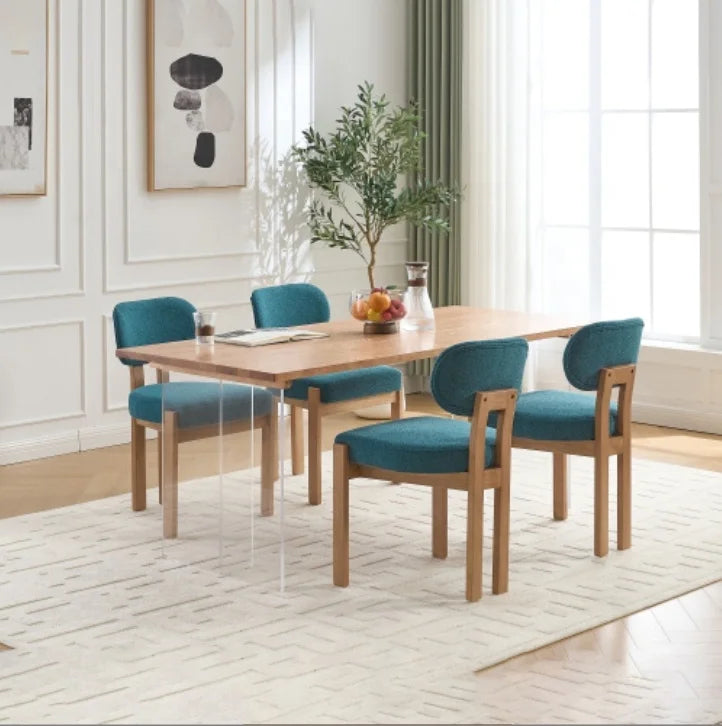 Modern Dining Room Chairs Set of 2, Minimalist Upholstered Chenile Fabric Kitchen Chair with Wooden Legs (Lake Blue/beige/grey)