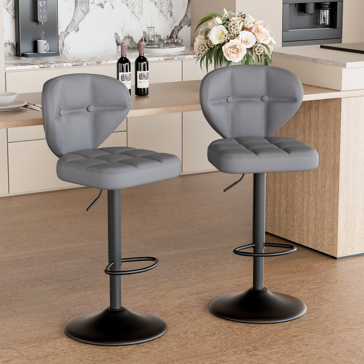 Steady Iron PU Leather Adjustable Hydraulic Eco-Friendly Water Resistant Bar Chair Modern Design Swivel Counter Height Kitchen (Set of 2)
