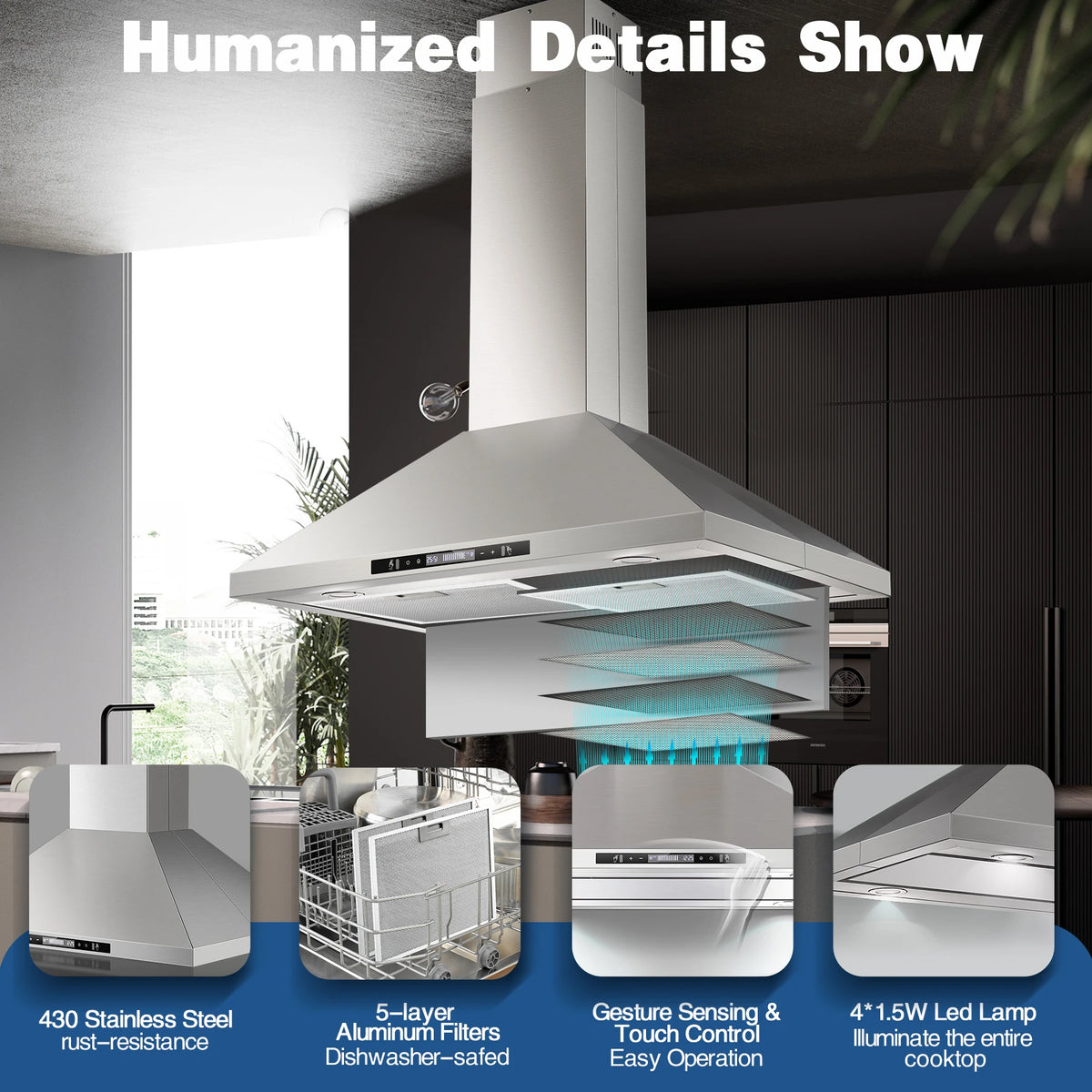 90CM Island Range Hood 36 Inch 700 CFM Ceiling Mount Kitchen Hood Vent with Gesture  &Touch Control ,3 Speeds Fan,4 LED Lights,