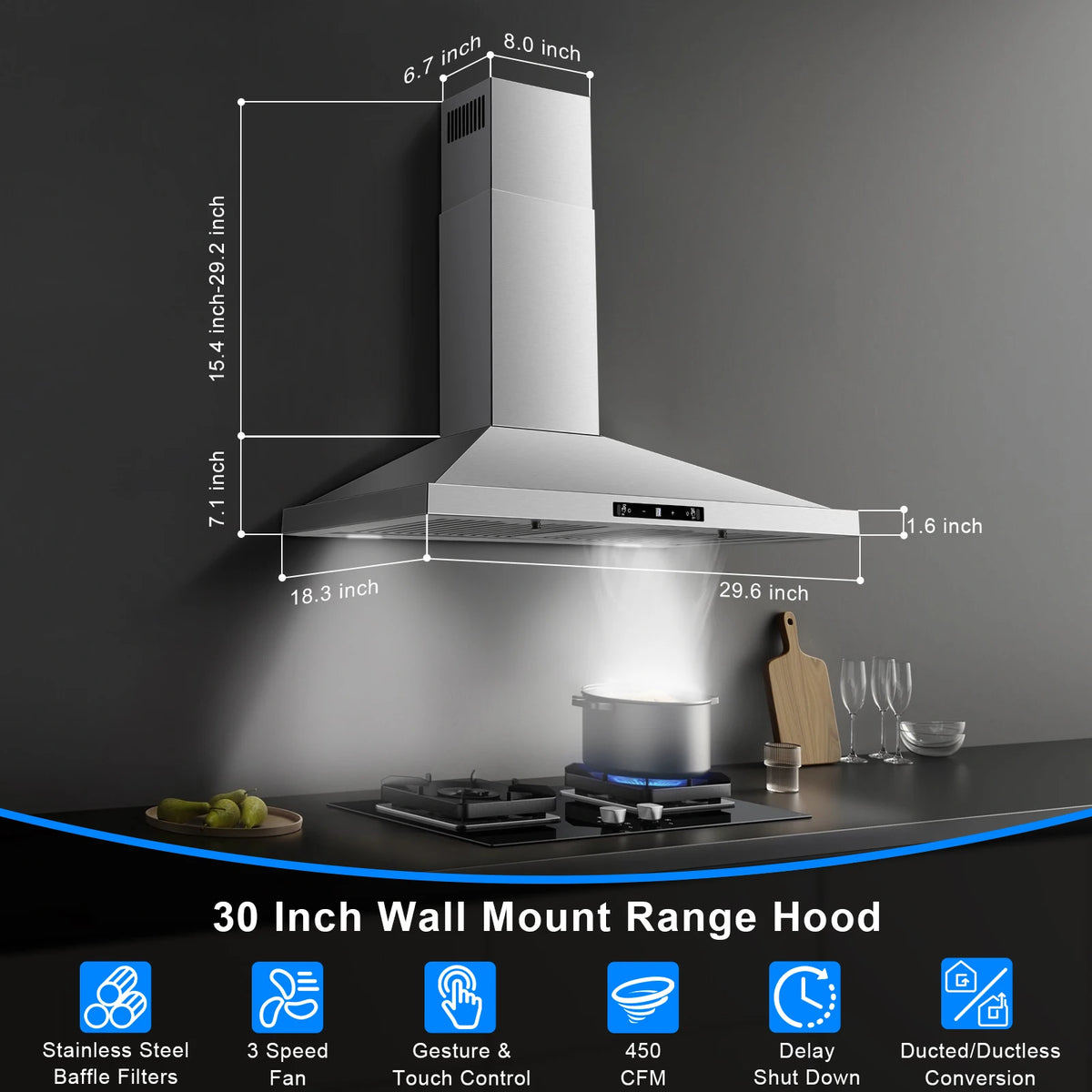 Wall Mount Range Hood 30 Inch, Range Hood with  Touch Control, Kitchen Hood 30 Inch 3 Speed Fan Vent Hood W/ Baffle Filters