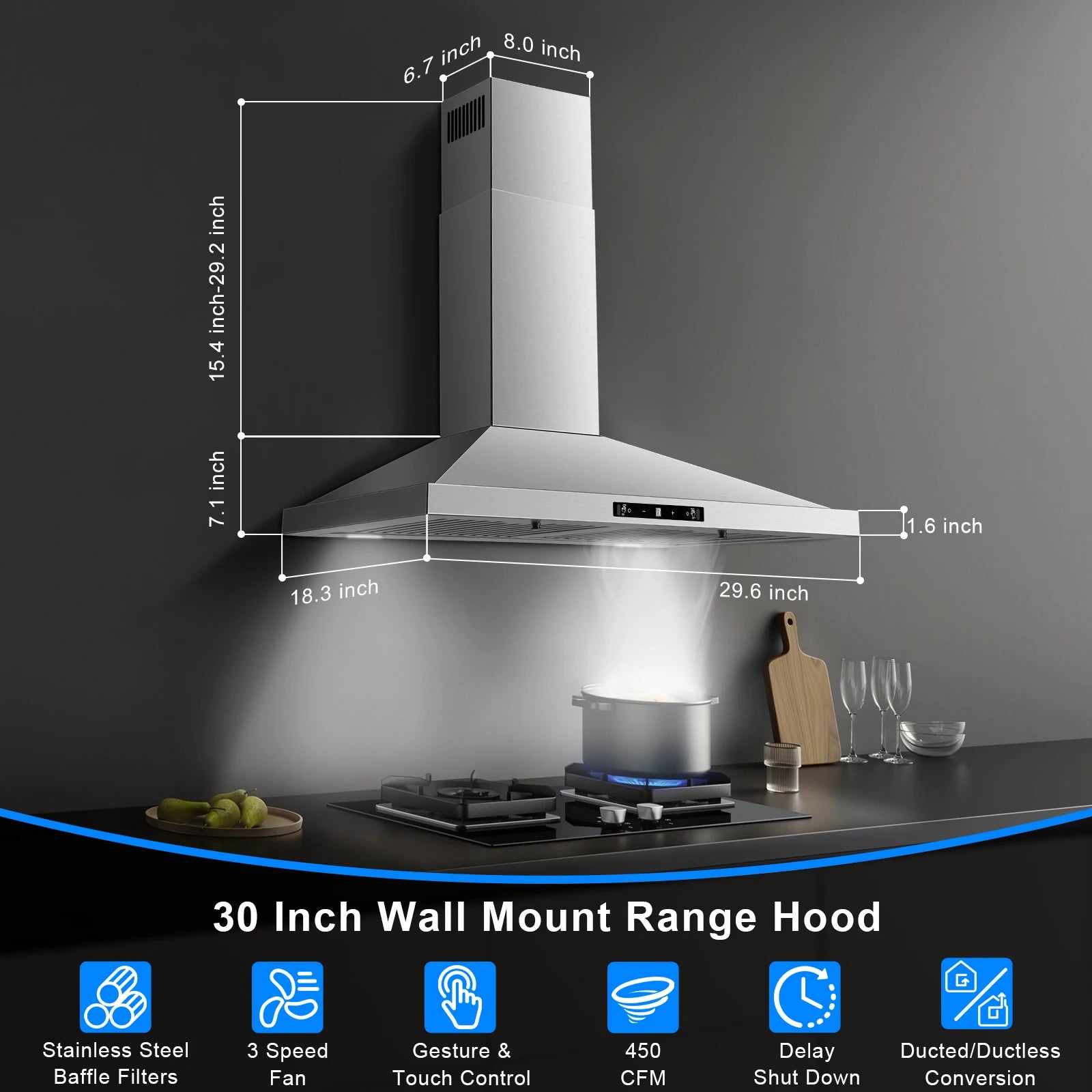 Wall Mount Range Hood 30 Inch, Range Hood with  Touch Control, Kitchen Hood 30 Inch 3 Speed Fan Vent Hood W/ B - view 5